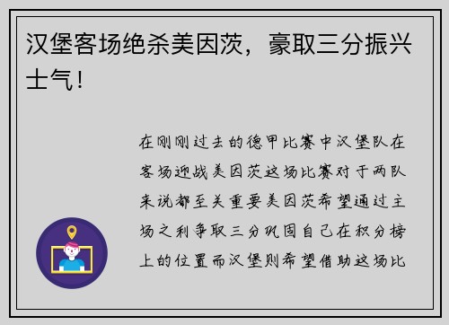 汉堡客场绝杀美因茨，豪取三分振兴士气！