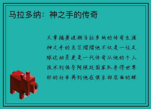 马拉多纳：神之手的传奇